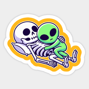 skeleton cuddling with alien Sticker